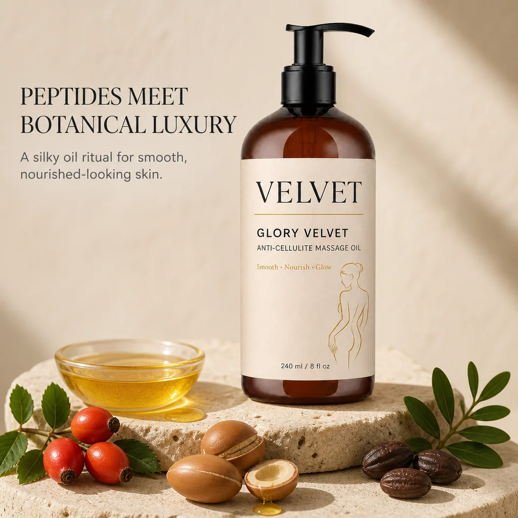 GLORY VELVET surrounded by rosehip, argan and jojoba botanicals