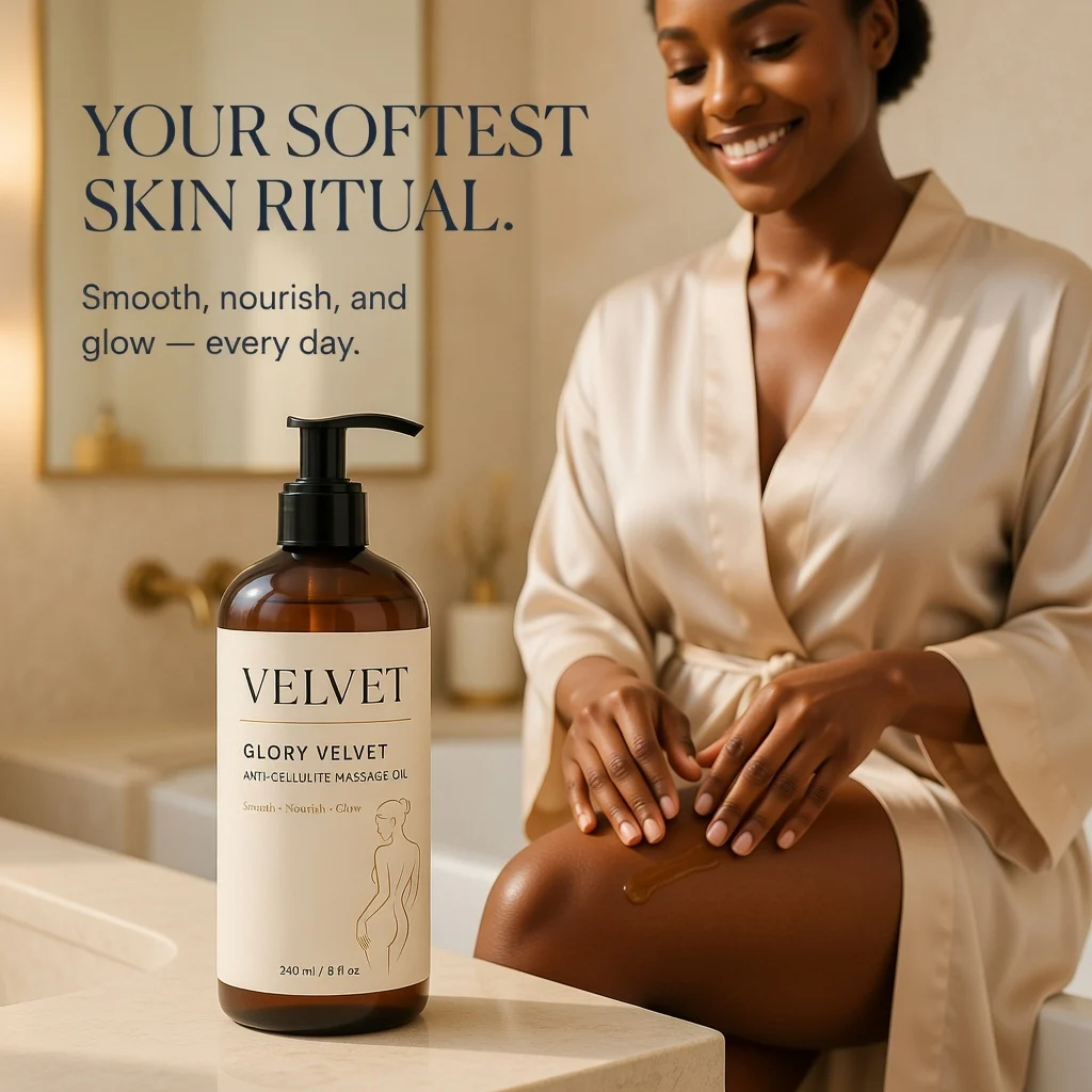Woman massaging Glory Velvet oil into her leg in a silk robe