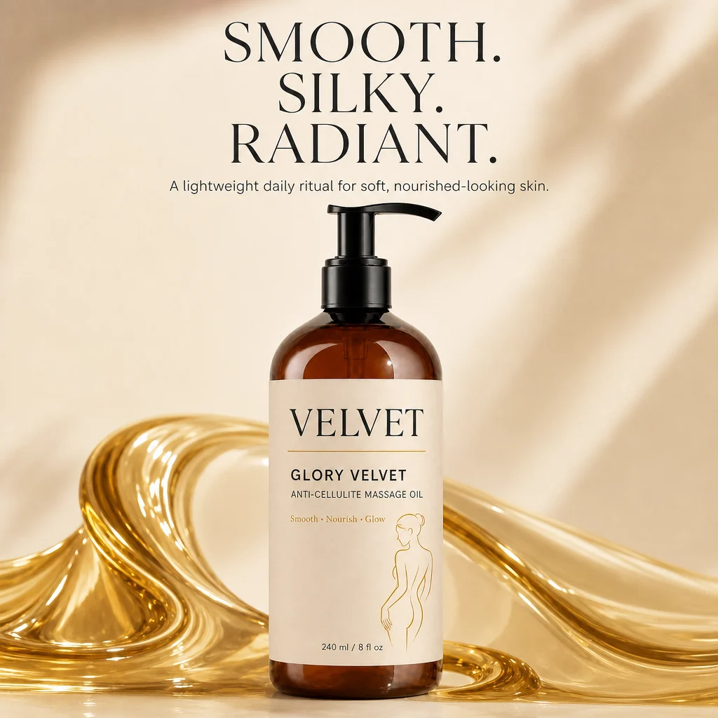 GLORY VELVET bottle resting on a swirl of golden oil